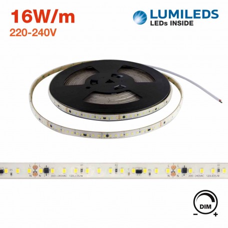 Strisce LED 220V 16W/m, 120lm/W, LUMILEDS chip, CRI87, Dimmerabile TRIAC, tagl. 10cm, NO Raddrizzatore – 10m